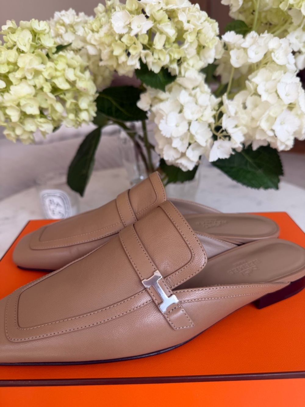 Hermes Beige/Tan Leather Slip-On Mules with Silver H Accent